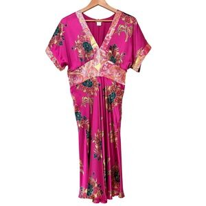 Y2K 90s Notice Fuchsia 100% Silk Floral Kimono Inspired‎ Midi Dress Empire Waist